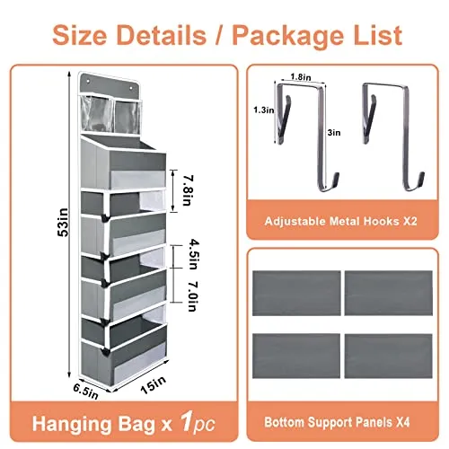 Aeeteek 1 Pack 5-Shelf Over Door Hanging Organizer Houseware Storage Bag Wall Mount Containers with Mesh Pockets Large Capacity Shelves Drawers for Bedroom Closet Kitchen (Light Grey)