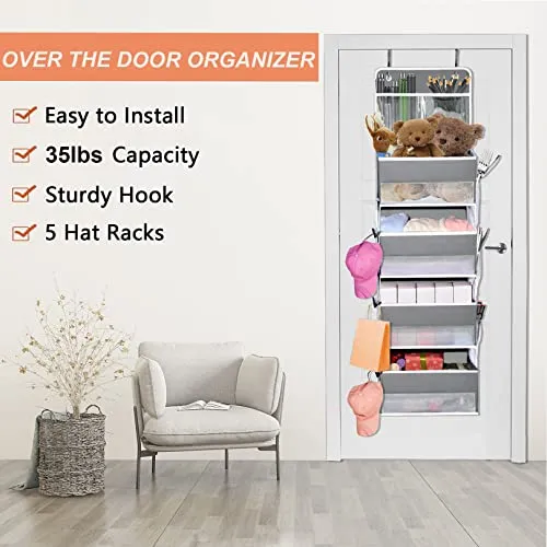 Aeeteek 1 Pack 5-Shelf Over Door Hanging Organizer Houseware Storage Bag Wall Mount Containers with Mesh Pockets Large Capacity Shelves Drawers for Bedroom Closet Kitchen (Light Grey)