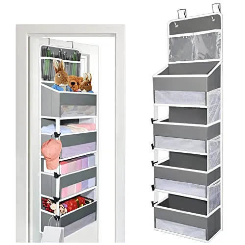 Aeeteek 1 Pack 5-Shelf Over Door Hanging Organizer Houseware Storage Bag Wall Mount Containers with Mesh Pockets Large Capacity Shelves Drawers for Bedroom Closet Kitchen (Light Grey)