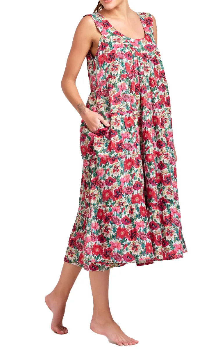 Arabella Chelsea Tiered Cotton Nightgown/Day Dress in Vibrant Red Floral MD-764F4