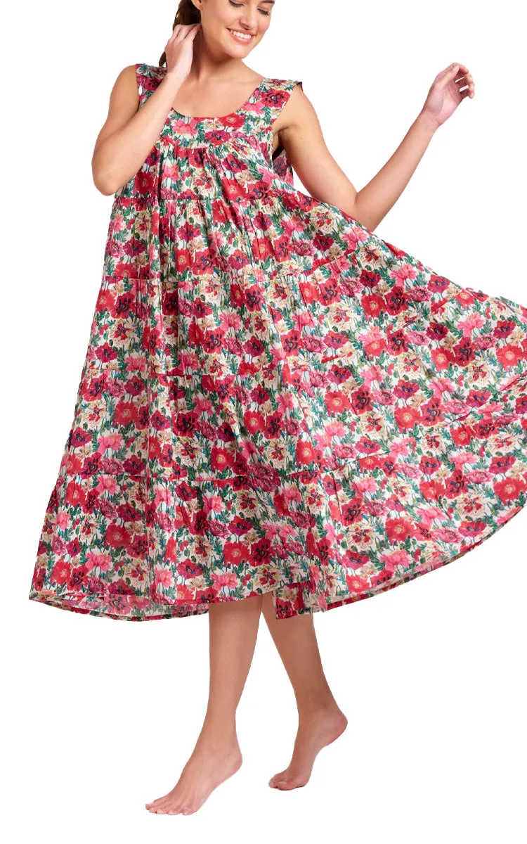 Arabella Chelsea Tiered Cotton Nightgown/Day Dress in Vibrant Red Floral MD-764F4