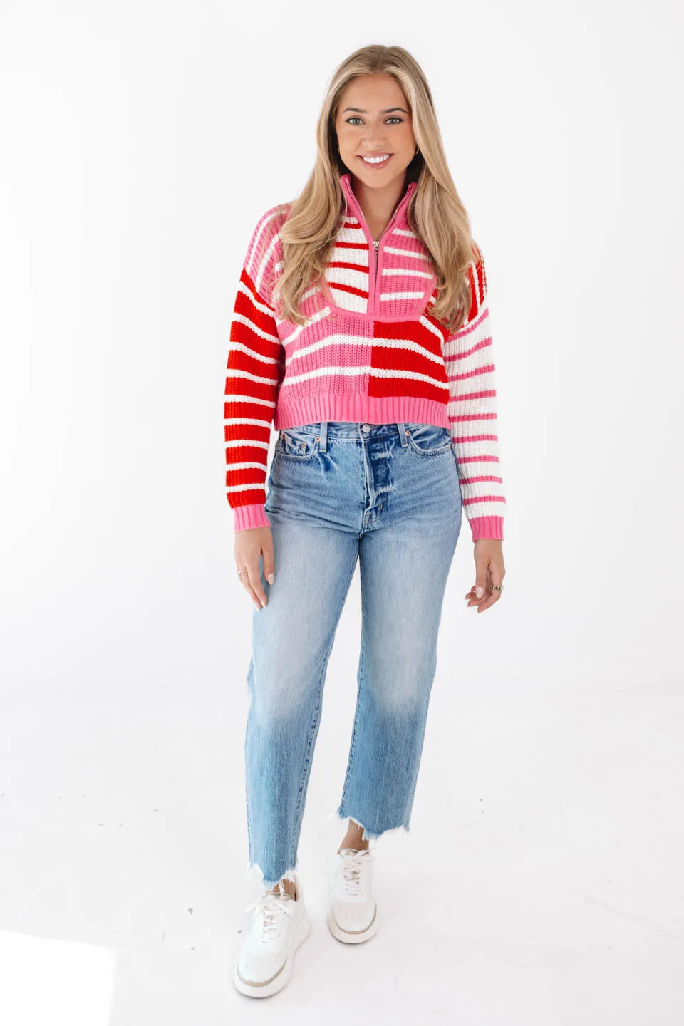 Candy Stripe Cropped Sweater - Pink/Red