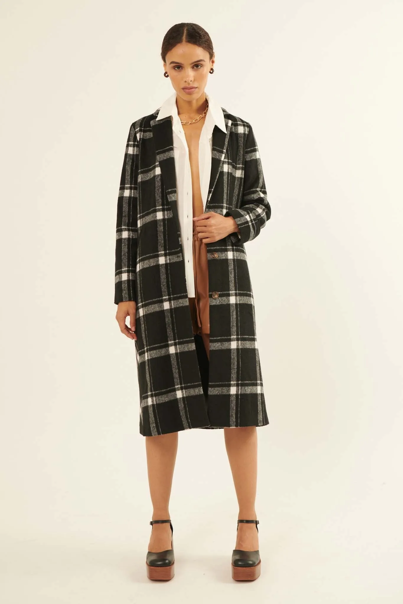 Check Point Button-Front Plaid Overcoat