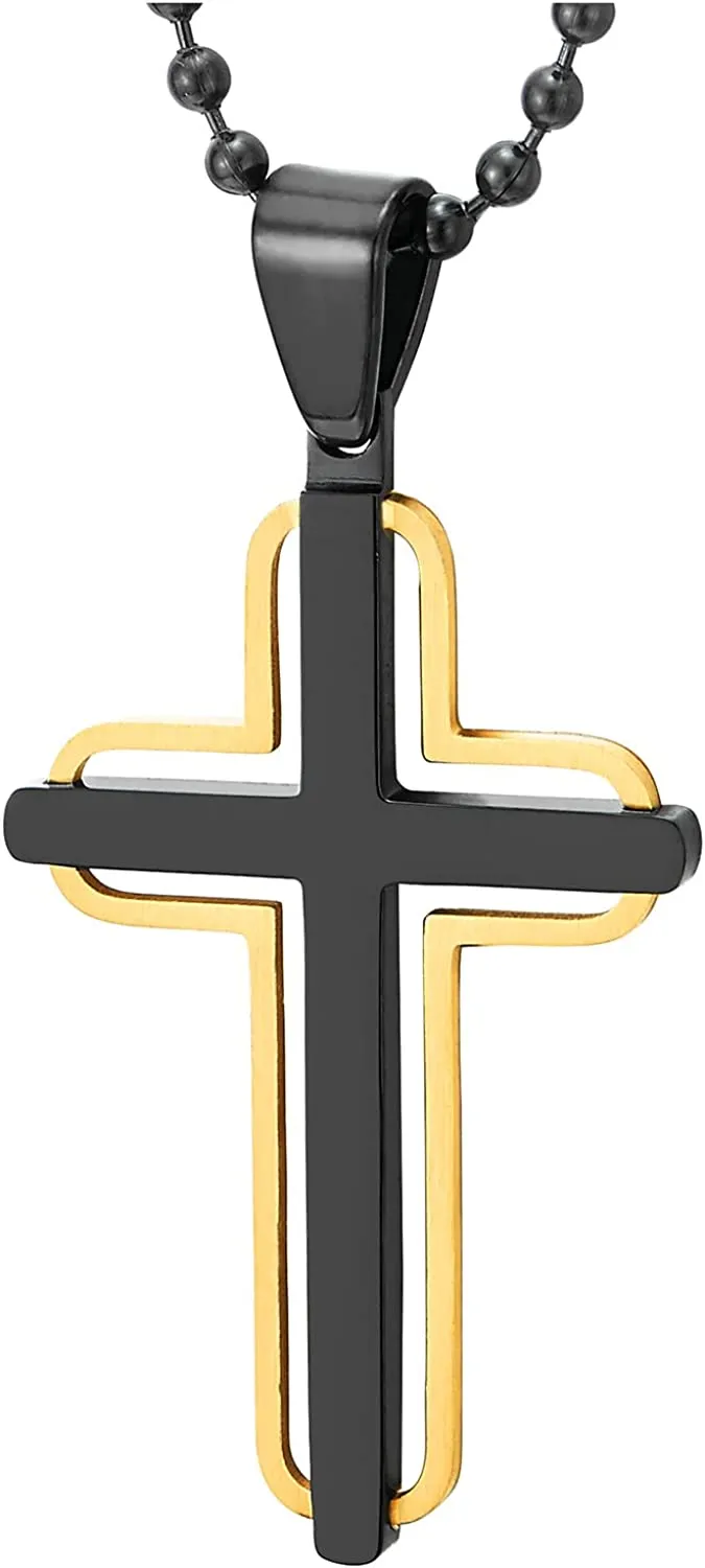 COOLSTEELANDBEYOND Steel Cross Pendant Necklace for Men Women, Minimalist Two-Layers Gold and Black Color Cross