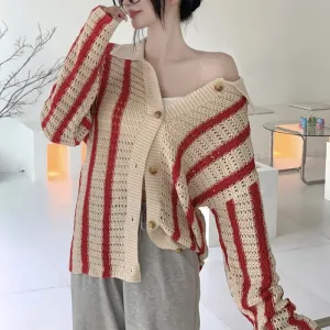 Fashion Striped Women Knitted Cardigan Sexy Hollow Winter Sweater Coats Turn Down Collar Thick Button Up Female Cute Jacket