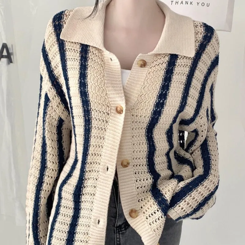 Fashion Striped Women Knitted Cardigan Sexy Hollow Winter Sweater Coats Turn Down Collar Thick Button Up Female Cute Jacket