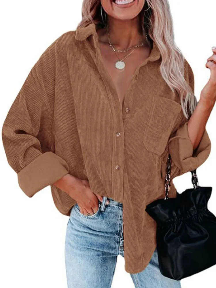 Fashionkova  Autumn Corduroy Jacket Woman Long Shirt Jacket Women Button Coat Jackets Women Fashion Overshirt Loose Coat Female 2022