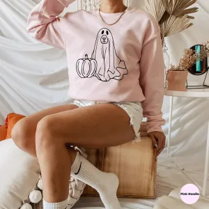 Halloween Sweatshirt, Cute Dog Ghost Shirt, Dog Lovers T-Shirt, Puppy Halloween Crewneck, Funny Party Tees, Retro Sweater, Women's Hoodie