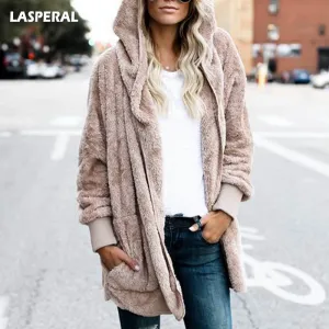 LASPERAL New Year Spring Faux Fur Teddy Bear Coat Jacket Women Fashion Open Stitch Hooded Coat Female Long Sleeve Fuzzy Jacket