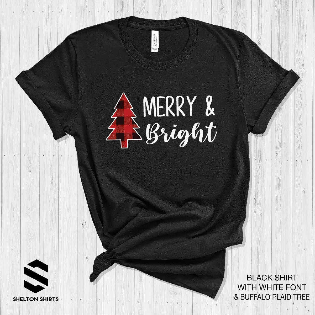 Merry and Bright with Buffalo Plaid Tree - Super Soft Bella Unisex T-Shirt