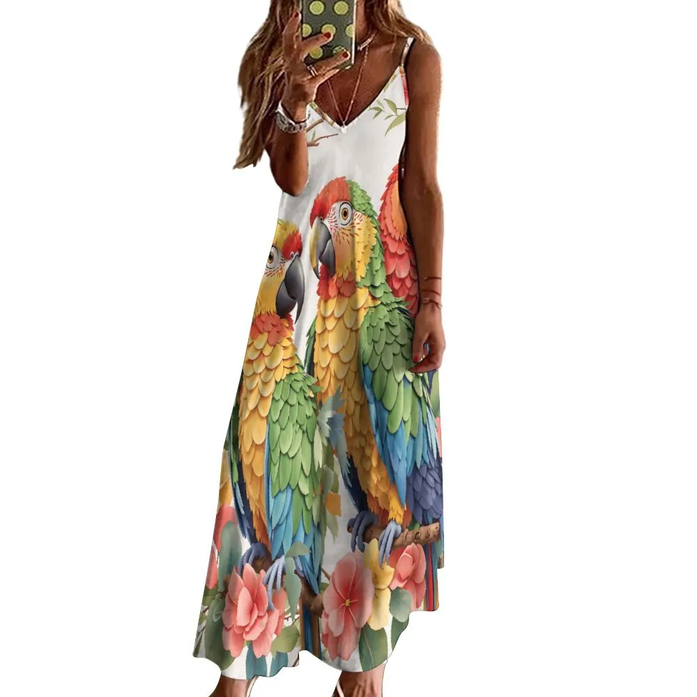 Parrots Spaghetti Strap Ankle-Length Dress Long dress