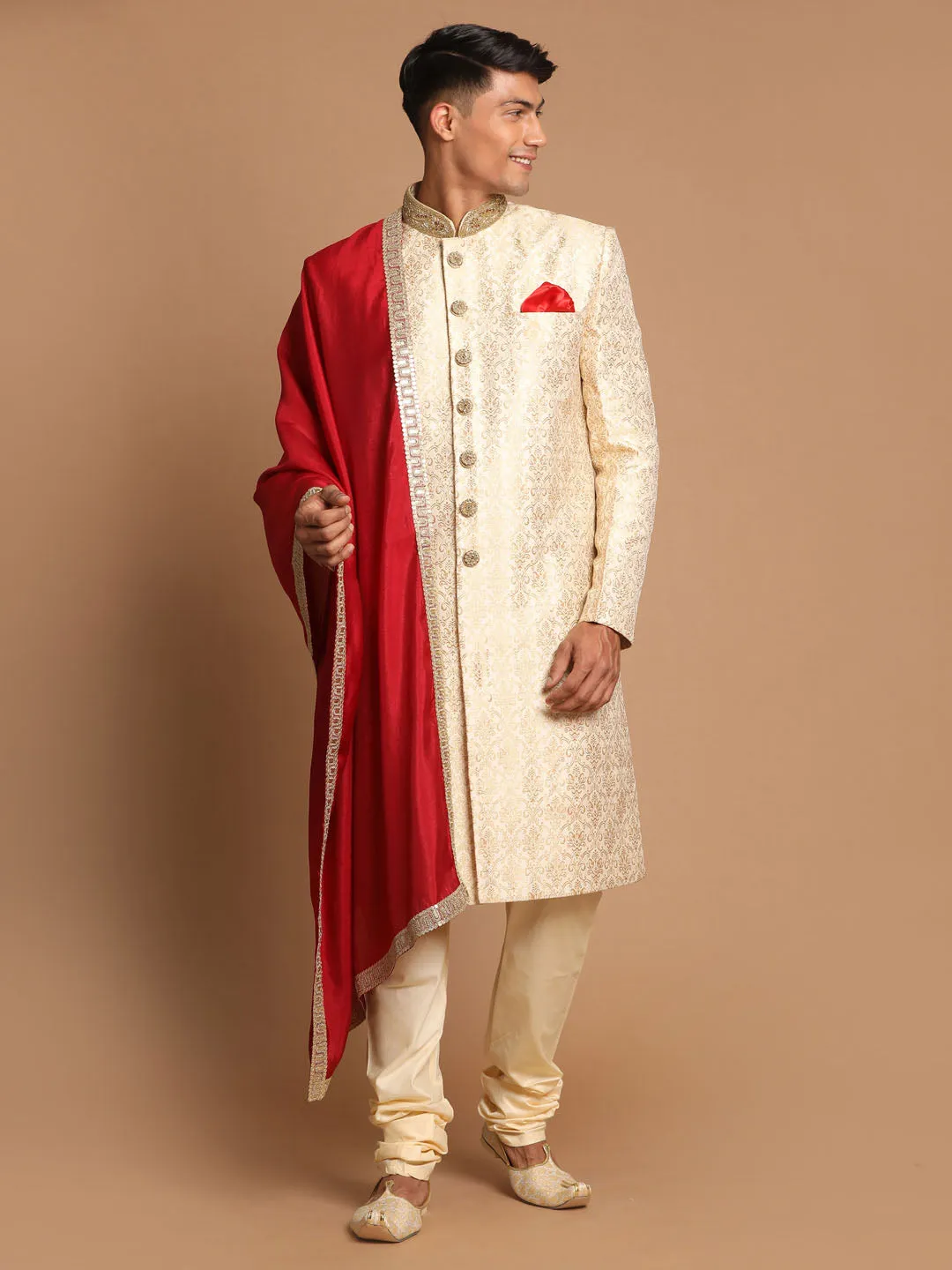 VASTRAMAY Men's Beige And Gold Embroidered Brocade Sherwani Set With Maroon Dupatta