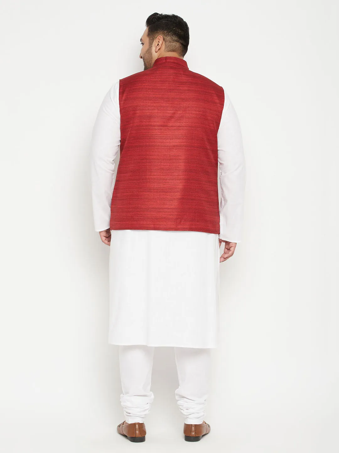 VASTRAMAY Men's White Maroon Jacket Kurta