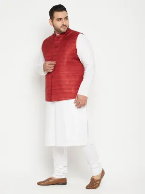 VASTRAMAY Men's White Maroon Jacket Kurta