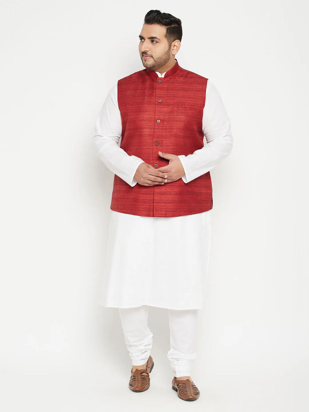 VASTRAMAY Men's White Maroon Jacket Kurta