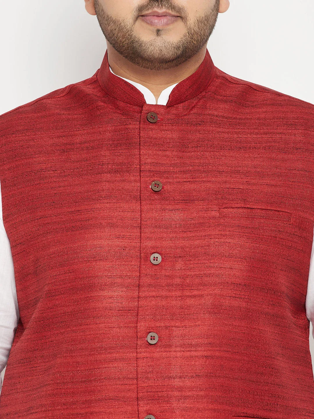 VASTRAMAY Men's White Maroon Jacket Kurta